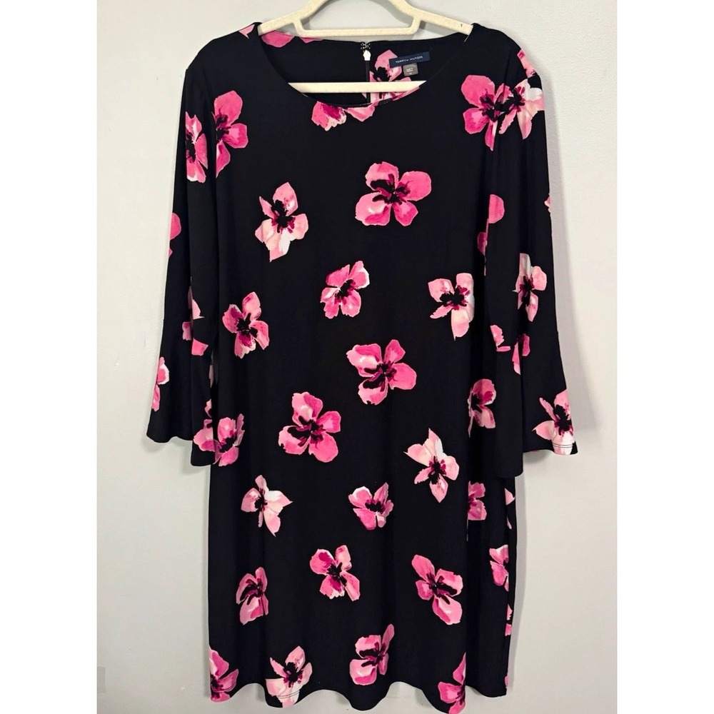 Tommy Hilfiger Dress Women's Size 16 Black Pink Floral Shift Bell 3/4 Sleeve Zip